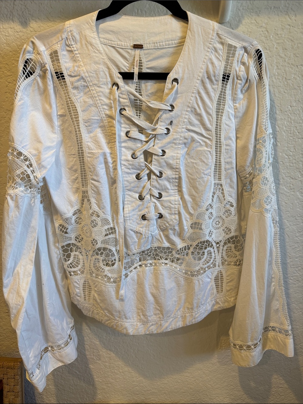 Free People White Lace-Up Eyelet Peasant Top